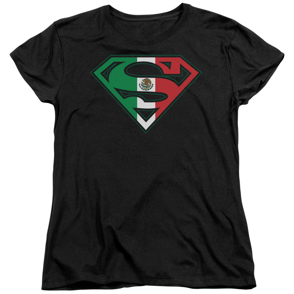 SUPERMAN/MEXICAN FLAG SHIELD - S/S WOMENS TEE - BLACK
