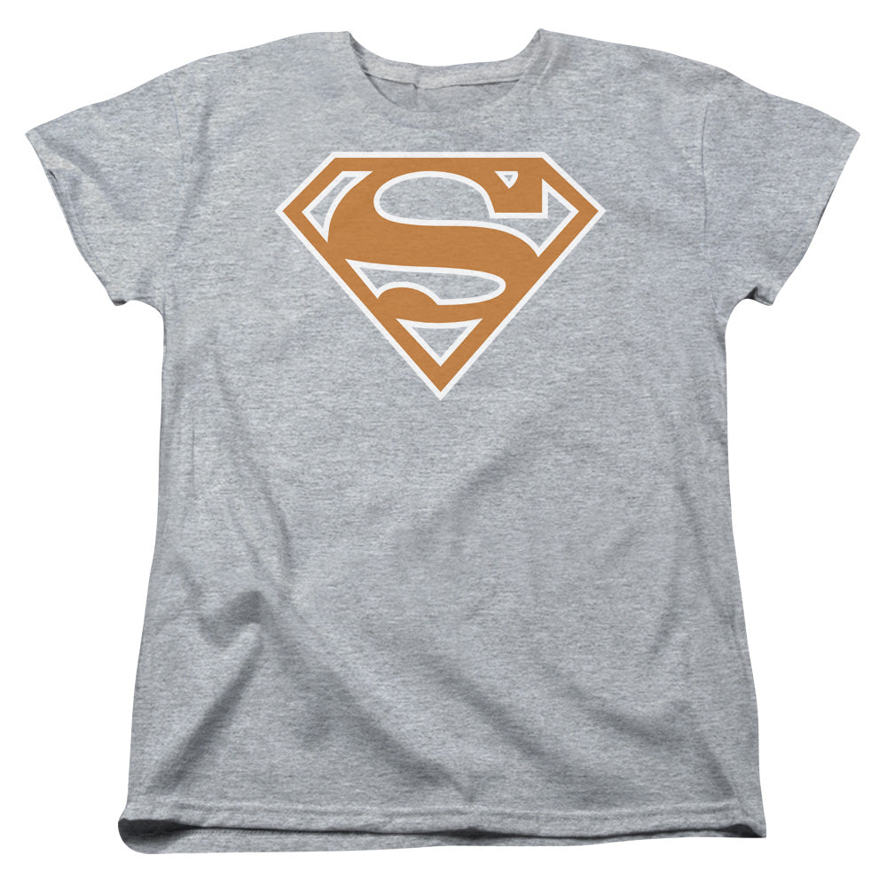 SUPERMAN/BURNT ORANGE&WHITE SHIELD - S/S WOMENS TEE - ATHLETIC HEATHER