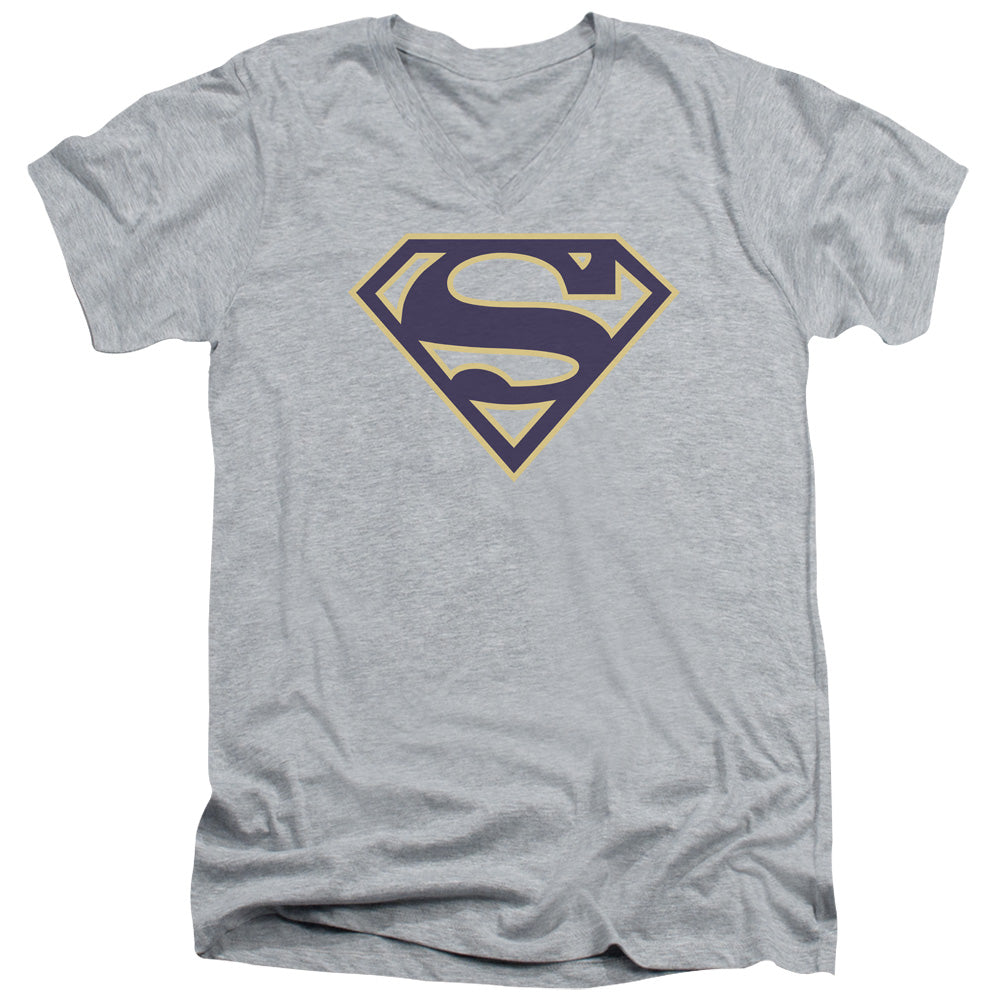 SUPERMAN/NAVY & GOLD SHIELD - S/S ADULT V-NECK 30/1 - ATHLETIC HEATHER