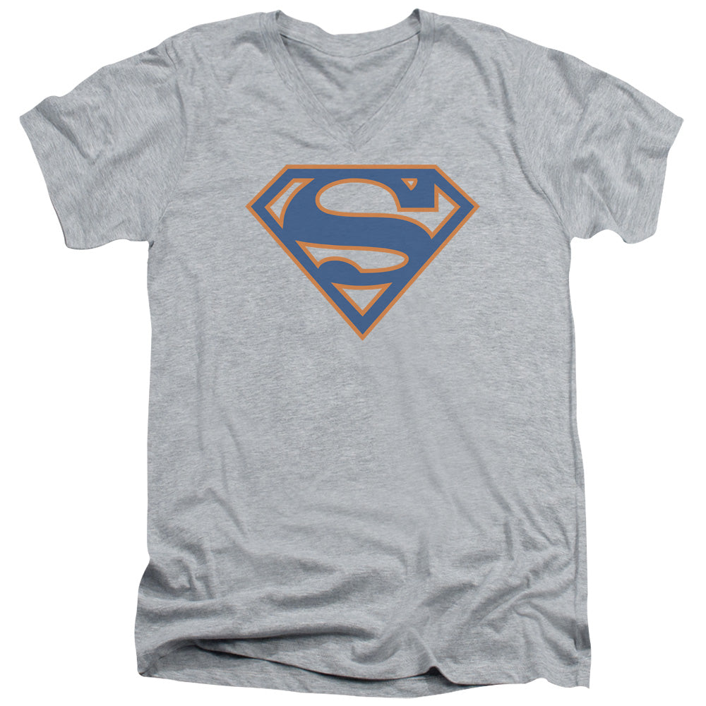 SUPERMAN/BLUE & ORANGE SHIELD - S/S ADULT V-NECK 30/1 - ATHLETIC HEATHER