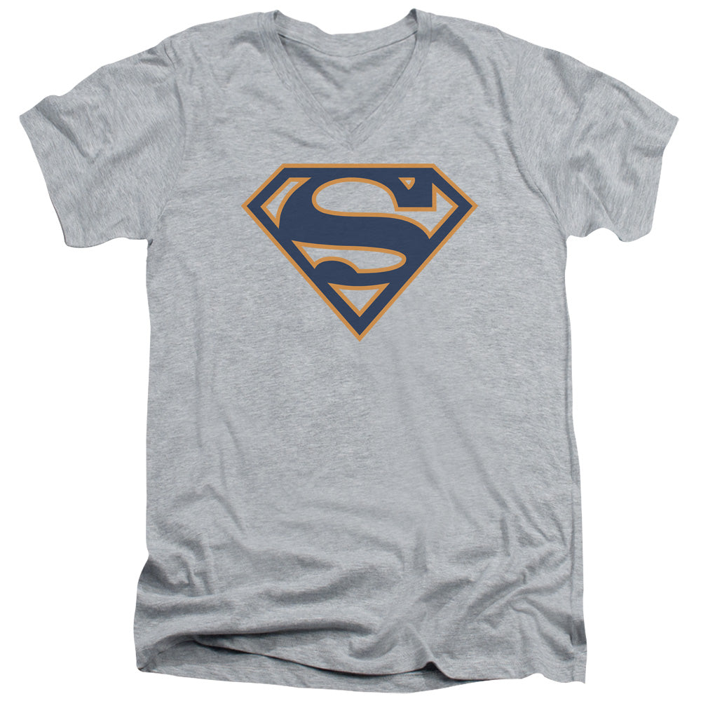 SUPERMAN/NAVY & ORANGE SHIELD - S/S ADULT V-NECK 30/1 - ATHLETIC HEATHER