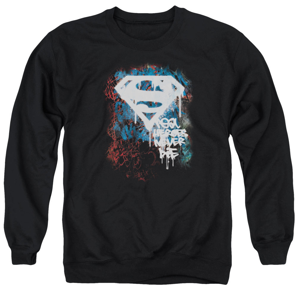 SUPERMAN/REAL HEROES NEVER DIE - ADULT CREWNECK SWEATSHIRT - BLACK