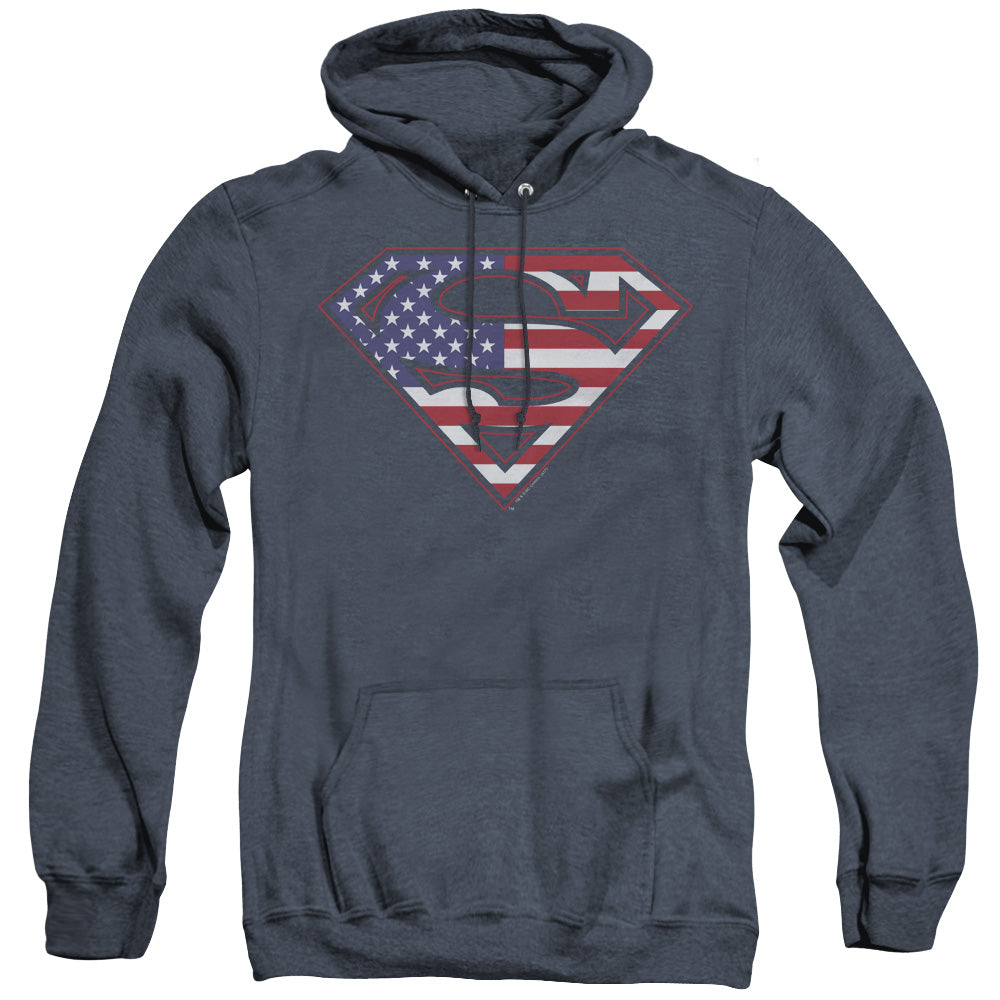 SUPERMAN/U S SHIELD - ADULT HEATHER HOODIE - NAVY