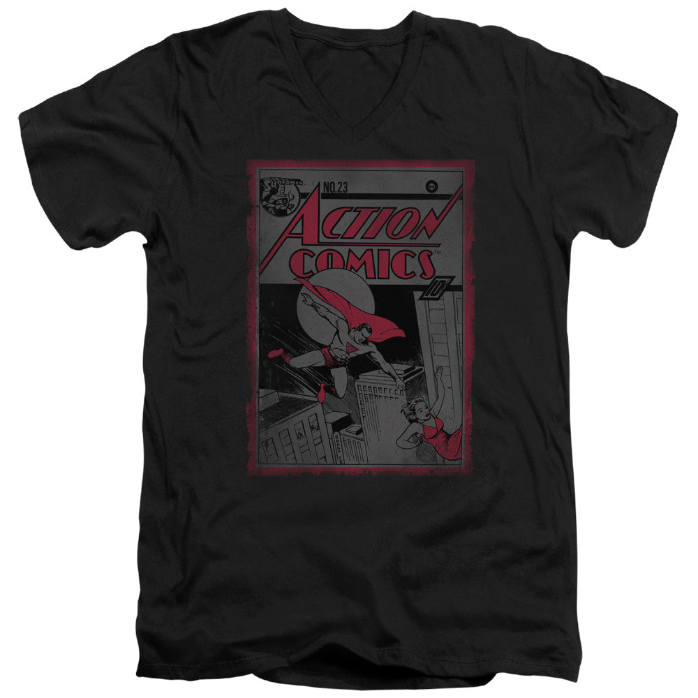 SUPERMAN/ACTION COMICS 23 - S/S ADULT V-NECK 30/1 - BLACK