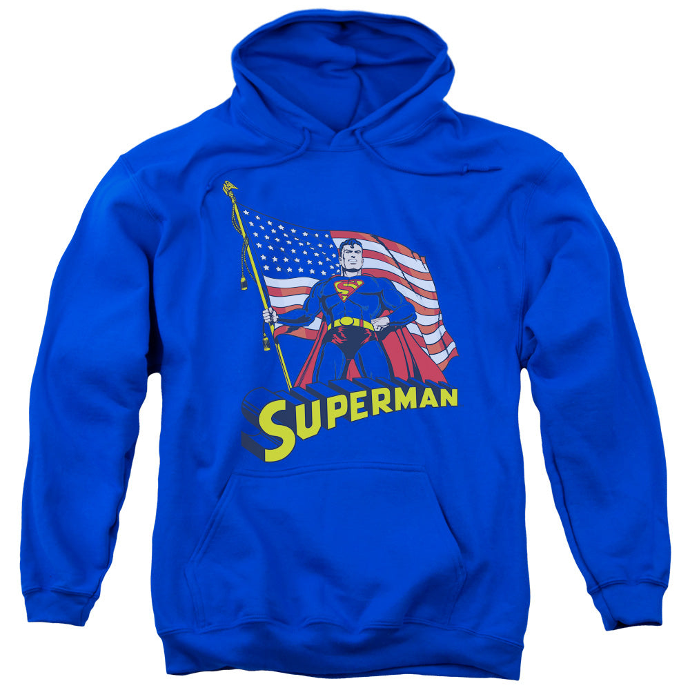 SUPERMAN/AMERICAN FLAG - ADULT PULLOVER HOODIE - ROYAL BLUE