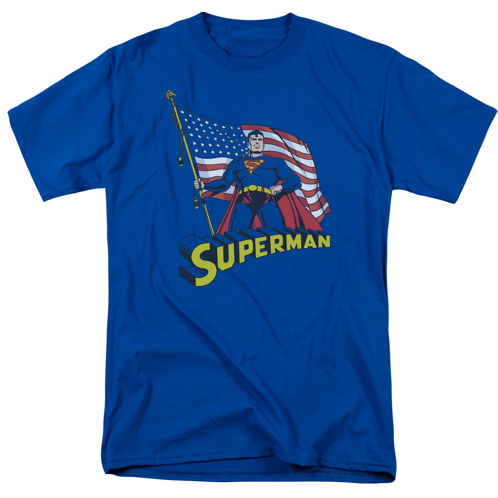 SUPERMAN/AMERICAN FLAG - S/S ADULT 18/1 - ROYAL BLUE