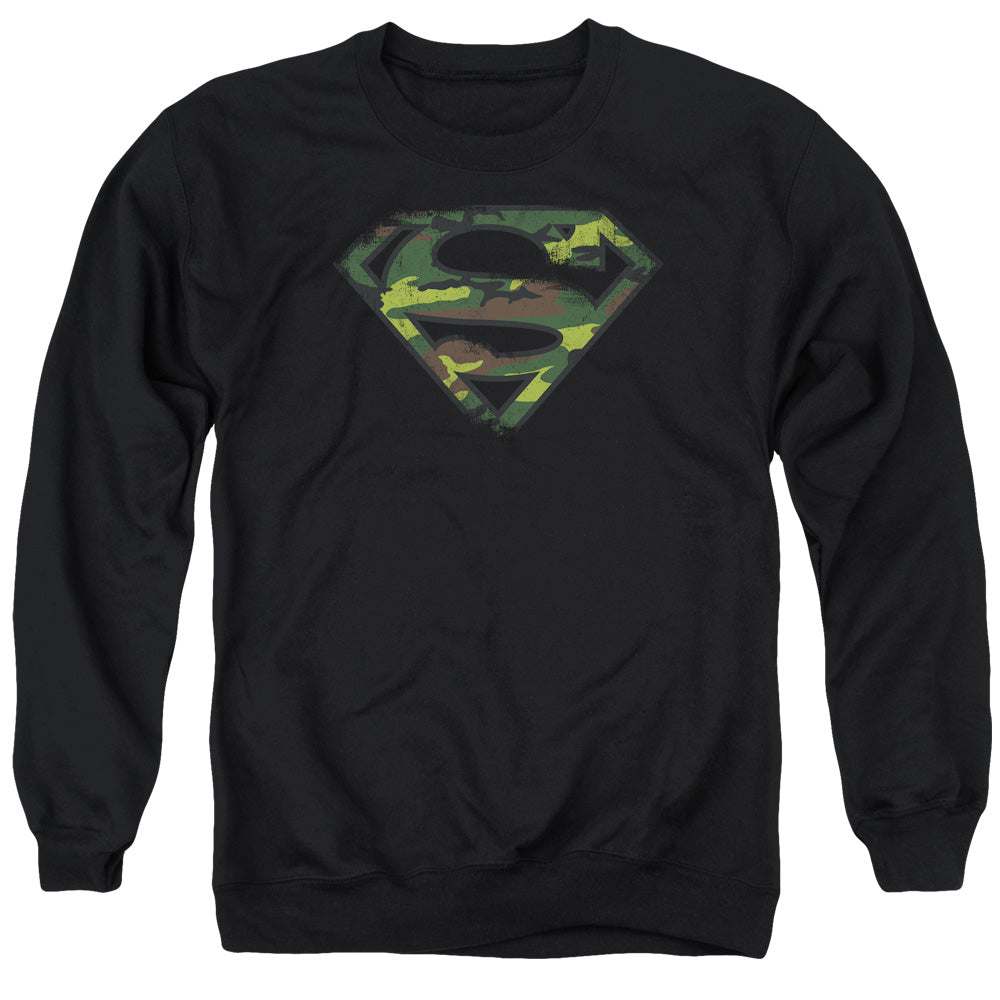 SUPERMAN/DISTRESSED CAMO SHIELD - ADULT CREWNECK SWEATSHIRT - BLACK