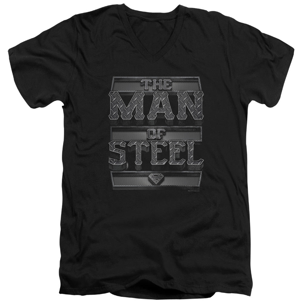 SUPERMAN/STEEL TEXT - S/S ADULT V-NECK 30/1 - BLACK