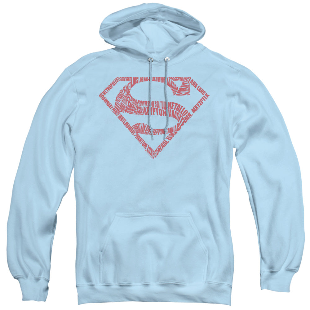 SUPERMAN/ WORD SHIELD - ADULT PULLOVER HOODIE - LIGHT BLUE