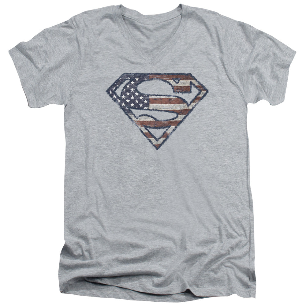 SUPERMAN/WARTORN FLAG - S/S ADULT V-NECK 30/1 - ATHLETIC HEATHER