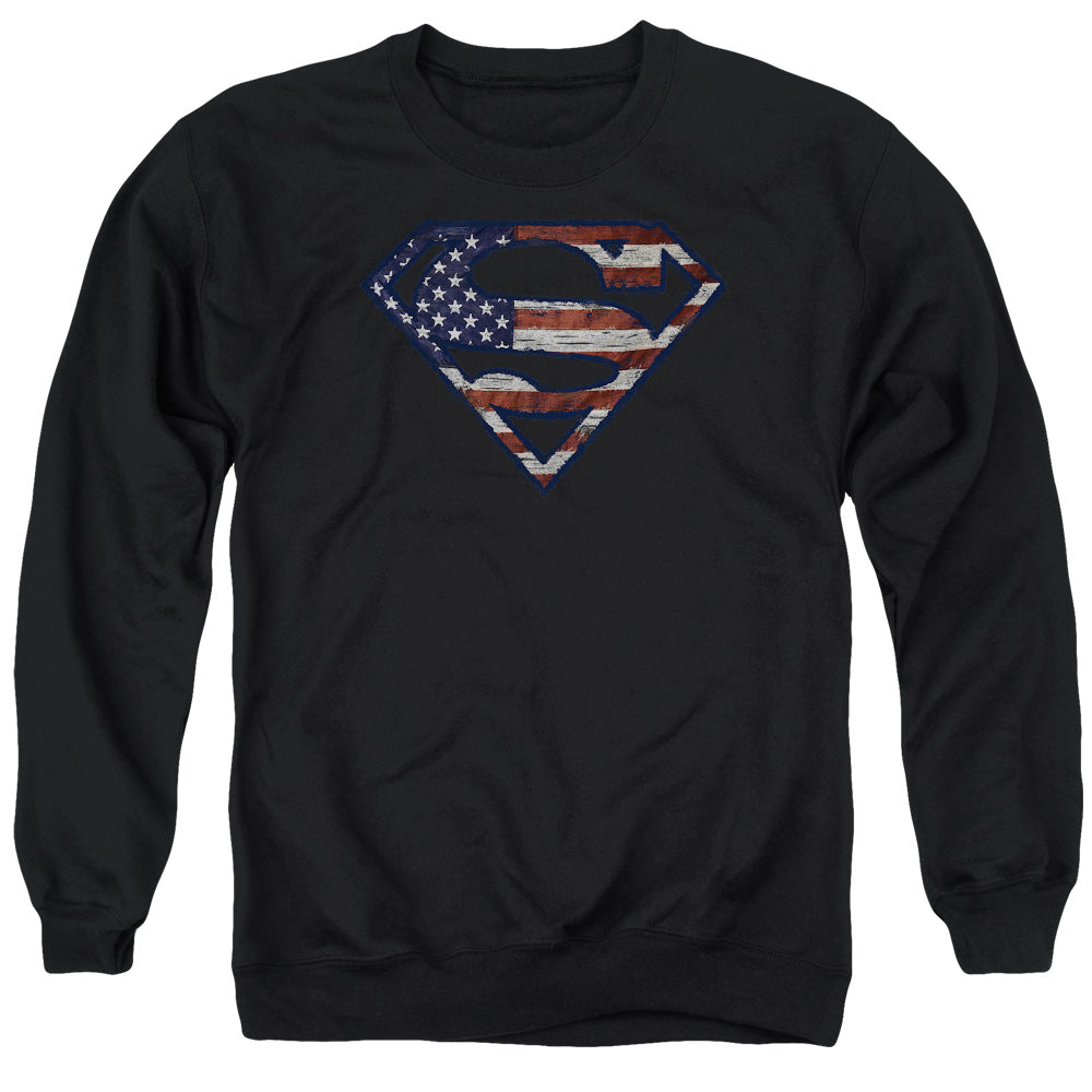 SUPERMAN/WARTORN FLAG - ADULT CREWNECK SWEATSHIRT - BLACK
