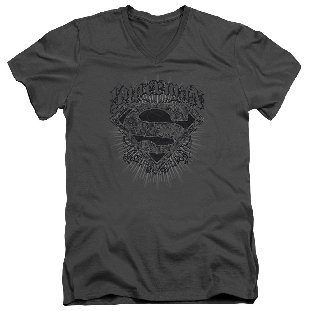 SUPERMAN/SCROLLING SHIELD - S/S ADULT V-NECK 30/1 - CHARCOAL