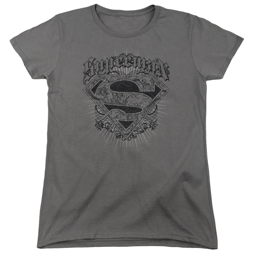 SUPERMAN/SCROLLING SHIELD - S/S WOMENS TEE - CHARCOAL