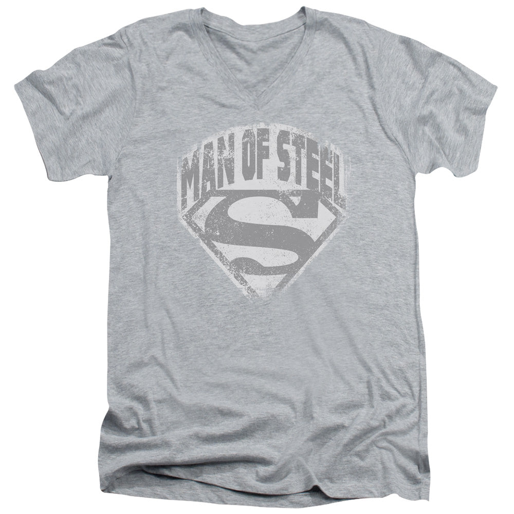 SUPERMAN/MAN OF STEEL SHIELD - S/S ADULT V-NECK 30/1 - ATHLETIC HEATHER