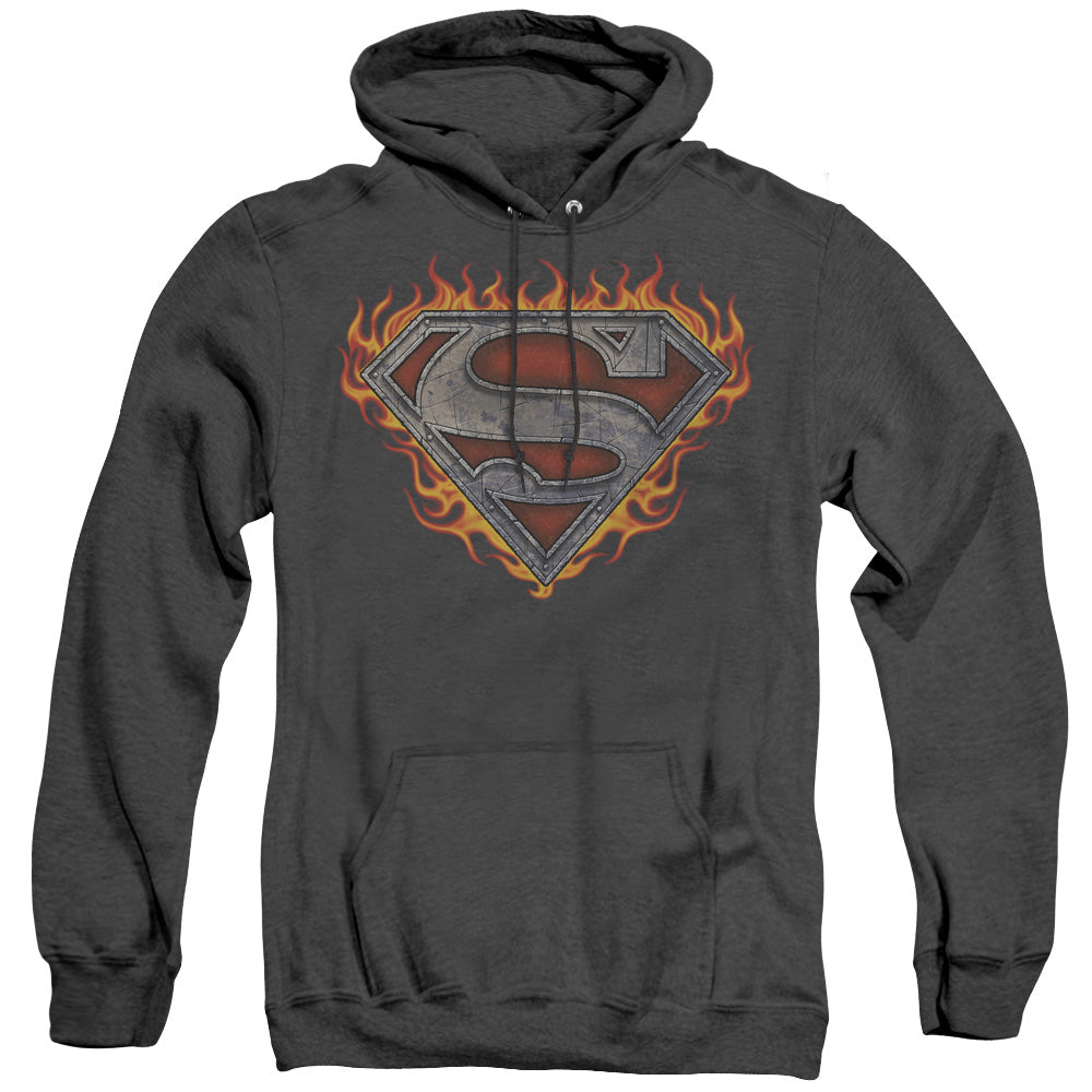 SUPERMAN/IRON FIRE SHIELD - ADULT HEATHER HOODIE - BLACK