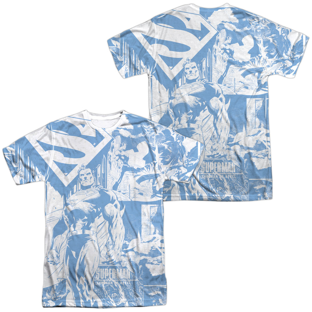 SUPERMAN/MAN OF STEEL COLLAGE (FRONT/BACK PRINT) -  S/S ADULT POLY CREW - MULTI