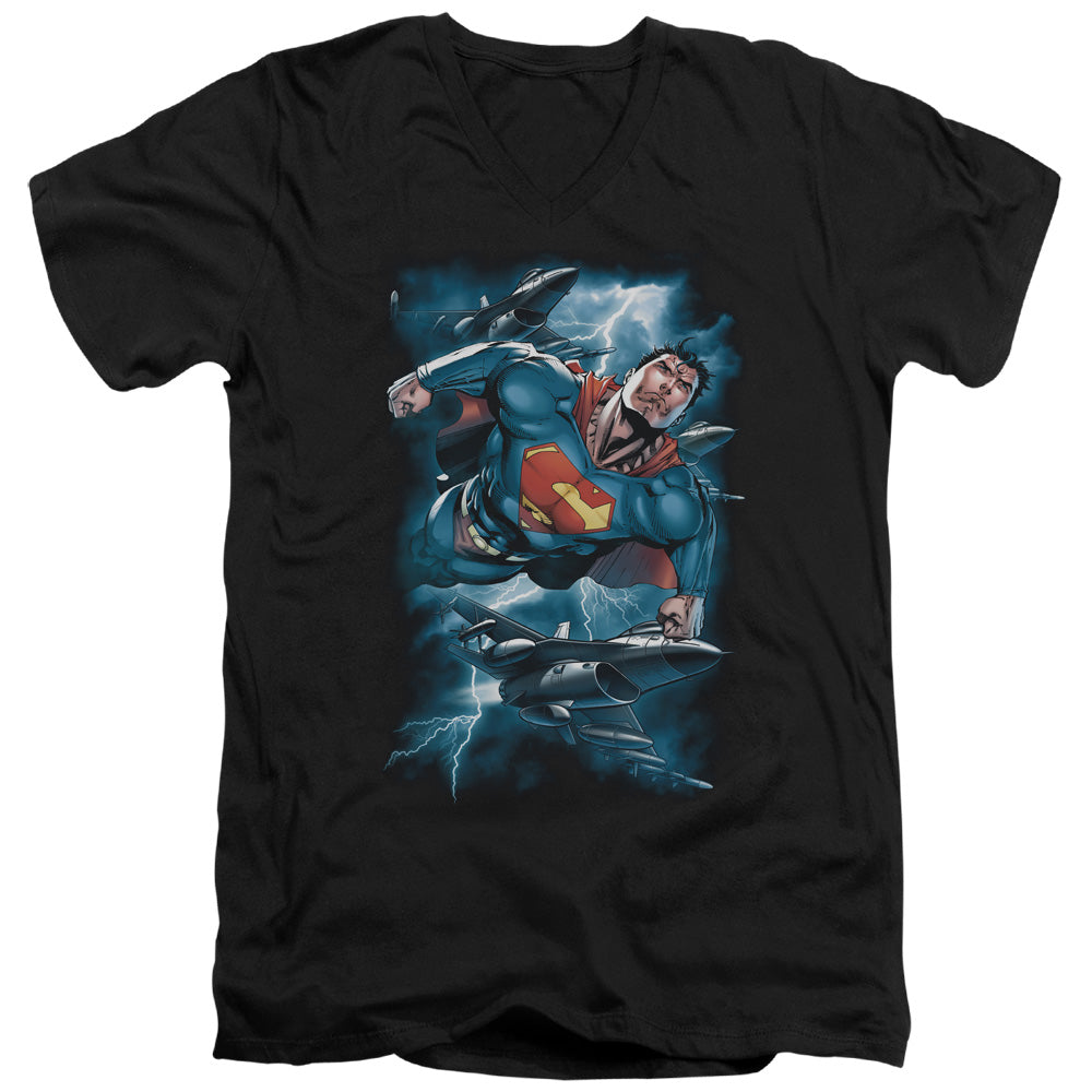 SUPERMAN/STORMY FLIGHT - S/S ADULT V-NECK 30/1 - BLACK