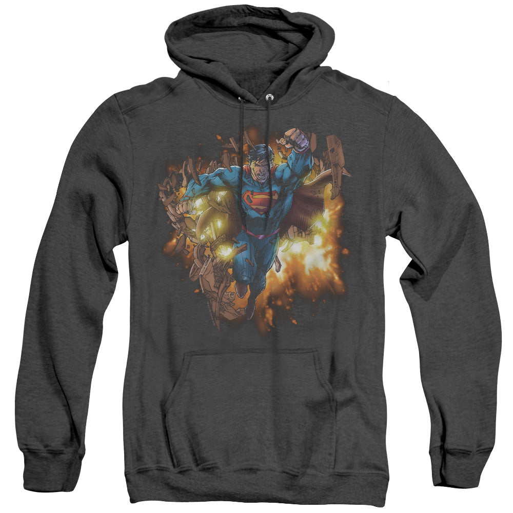 SUPERMAN/BLASTING THROUGH - ADULT HEATHER HOODIE - BLACK