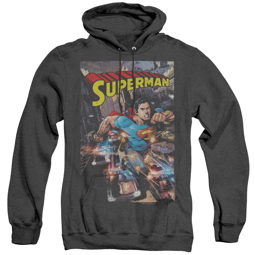 SUPERMAN/ACTION ONE - ADULT HEATHER HOODIE - BLACK