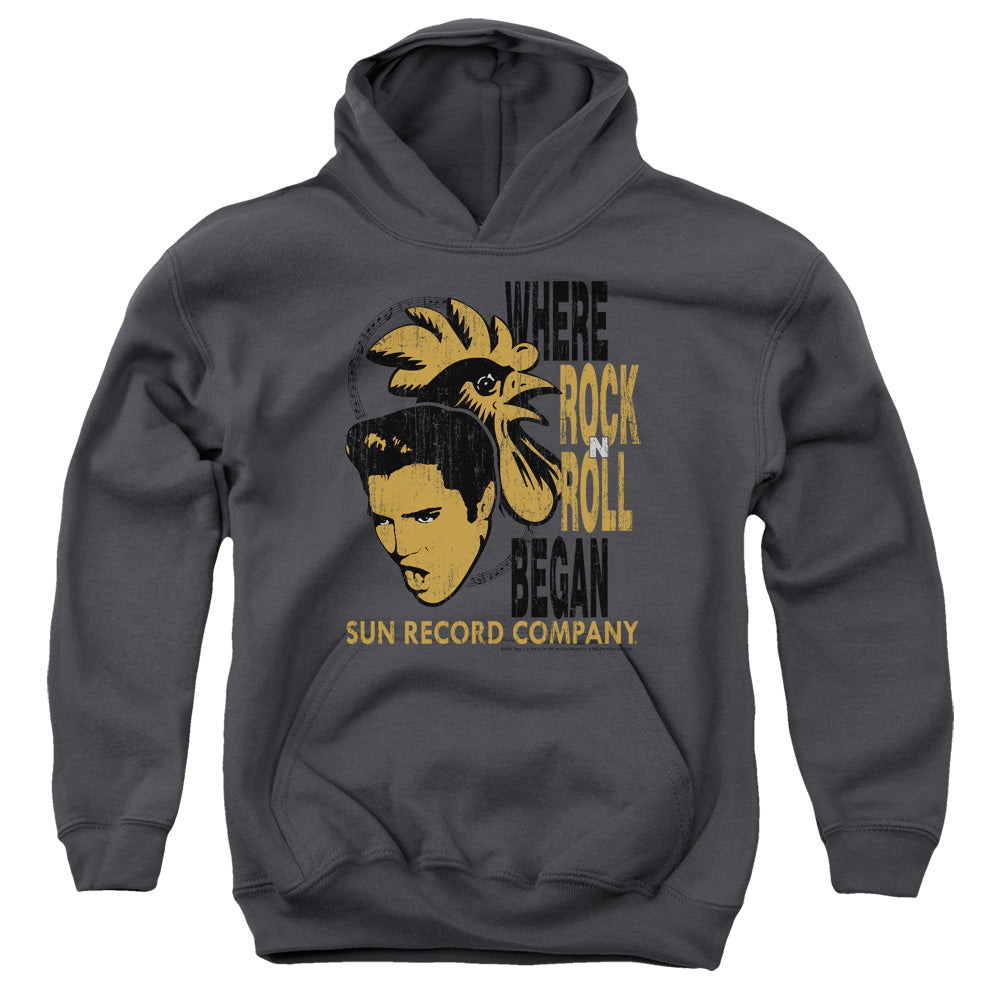 SUN/ELVIS AND ROOSTER - YOUTH PULLOVER HOODIE - CHARCOAL