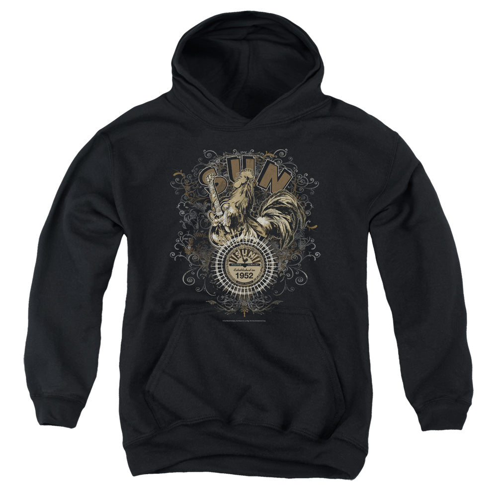 SUN/SCROLL AROUND ROOSTER - YOUTH PULLOVER HOODIE - BLACK
