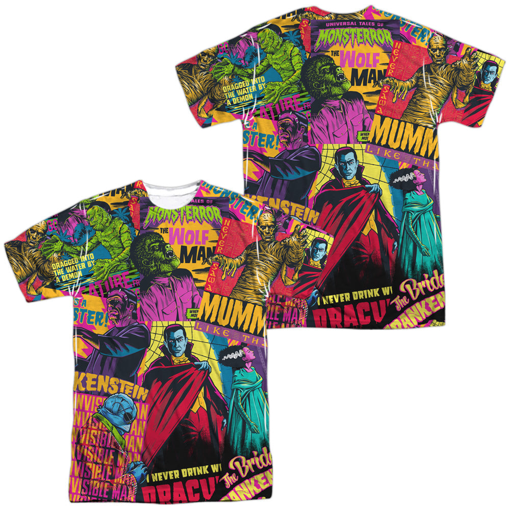 UNIVERSAL MONSTERS/POSTER MASH (FRONT/BACK PRINT) - S/S ADULT POLY CREW - MULTI