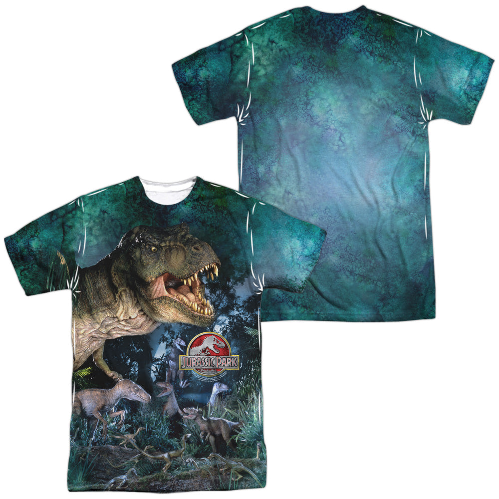 JURASSIC PARK/DINOS GATHER (FRONT/BACK PRINT) -  S/S ADULT POLY CREW - MULTI