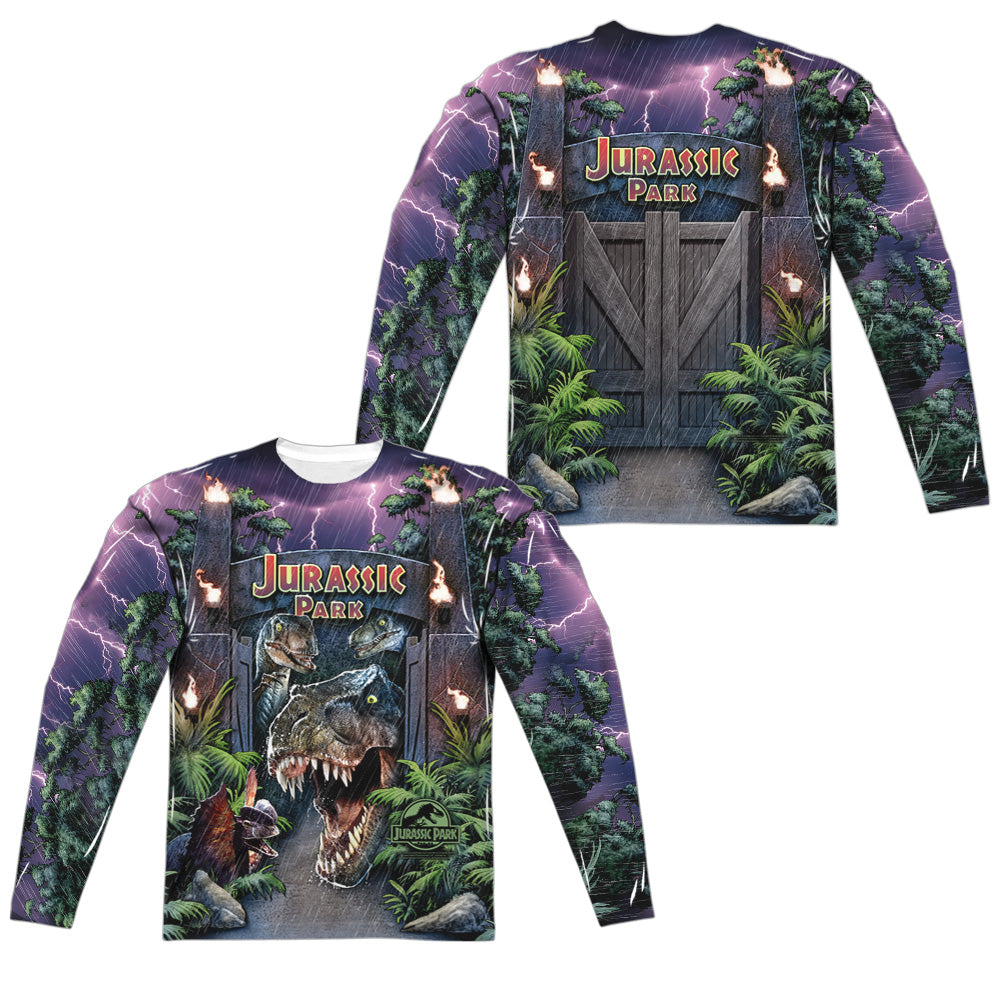 JURASSIC PARK/WELCOME TO THE PARK (FRONT/BACK PRINT) - L/S ADULT POLY CREW  - MULTI