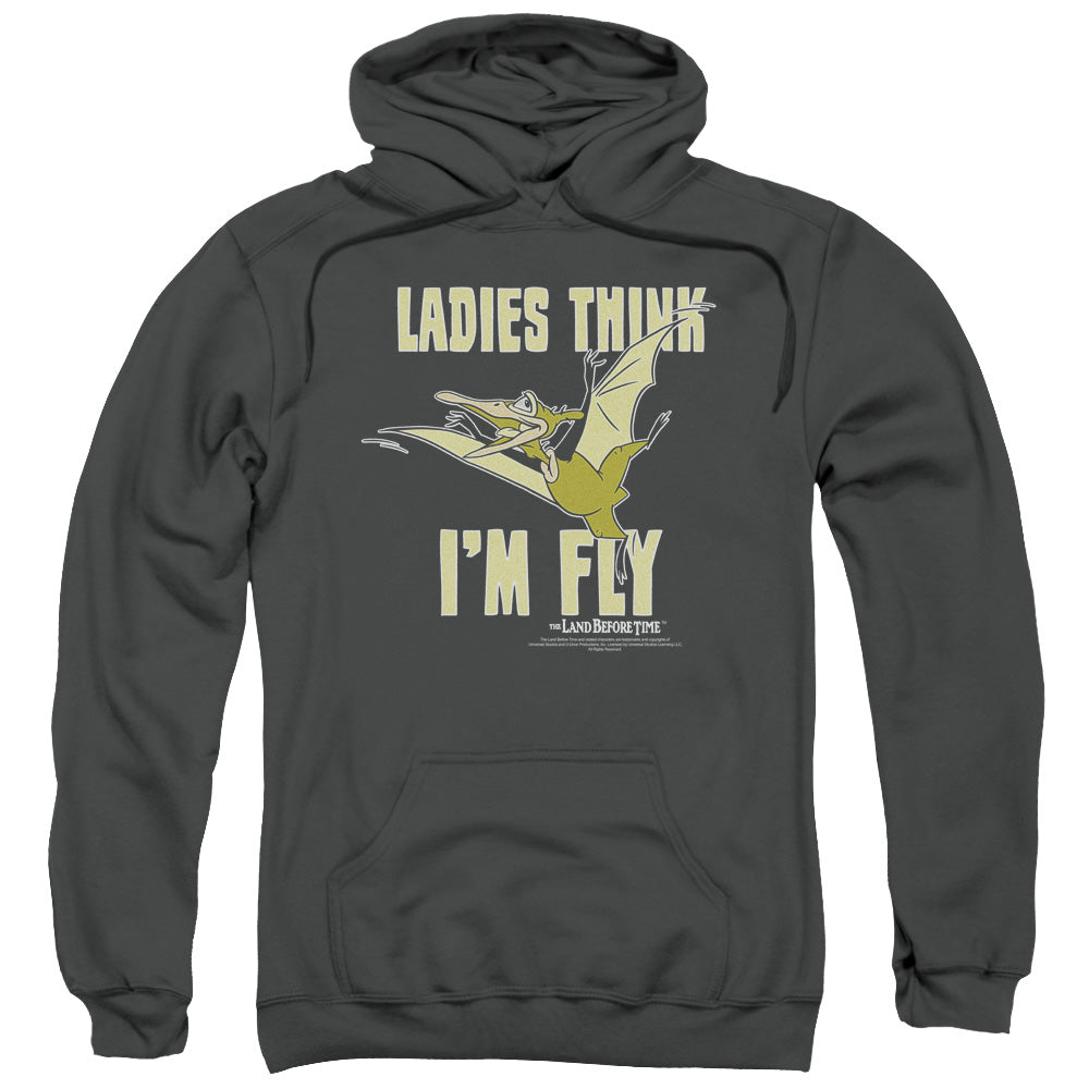 LAND BEFORE TIME/IM FLY - ADULT PULLOVER HOODIE - CHARCOAL