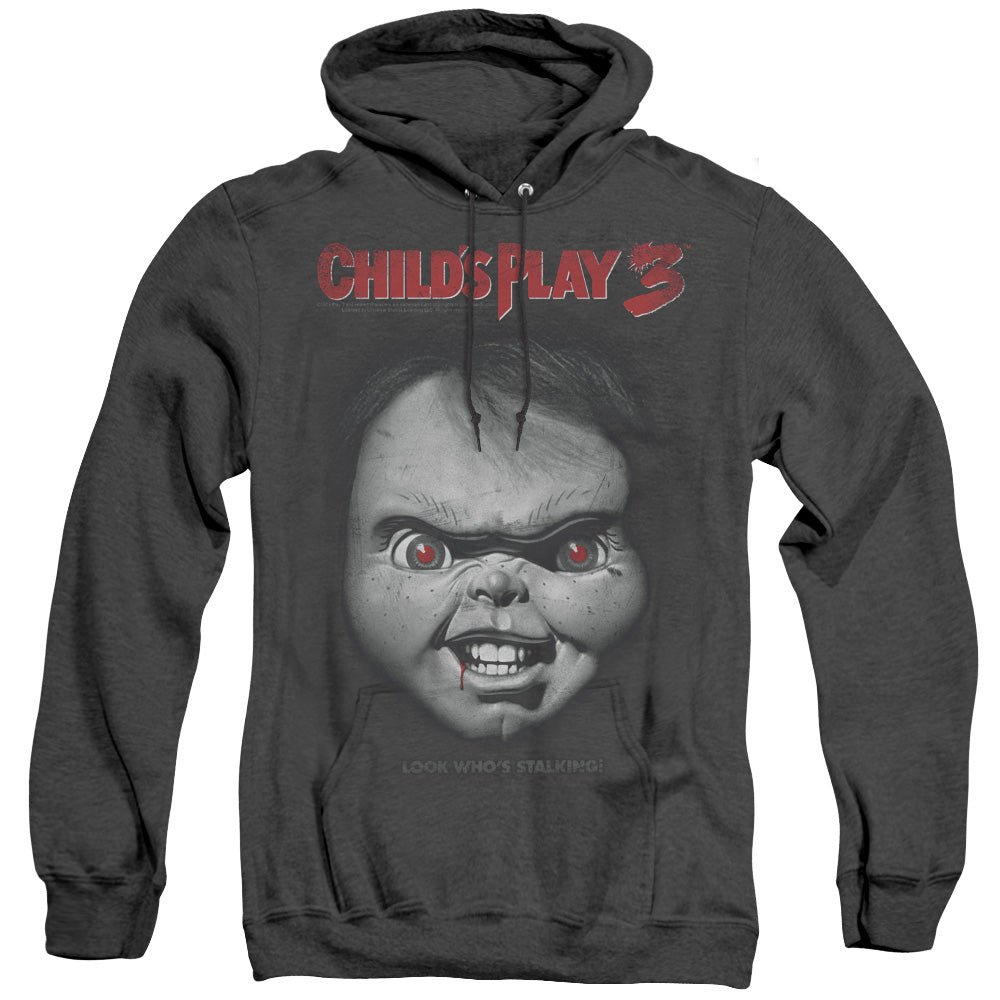 CHILDS PLAY 3/FACE POSTER - ADULT HEATHER HOODIE - BLACK