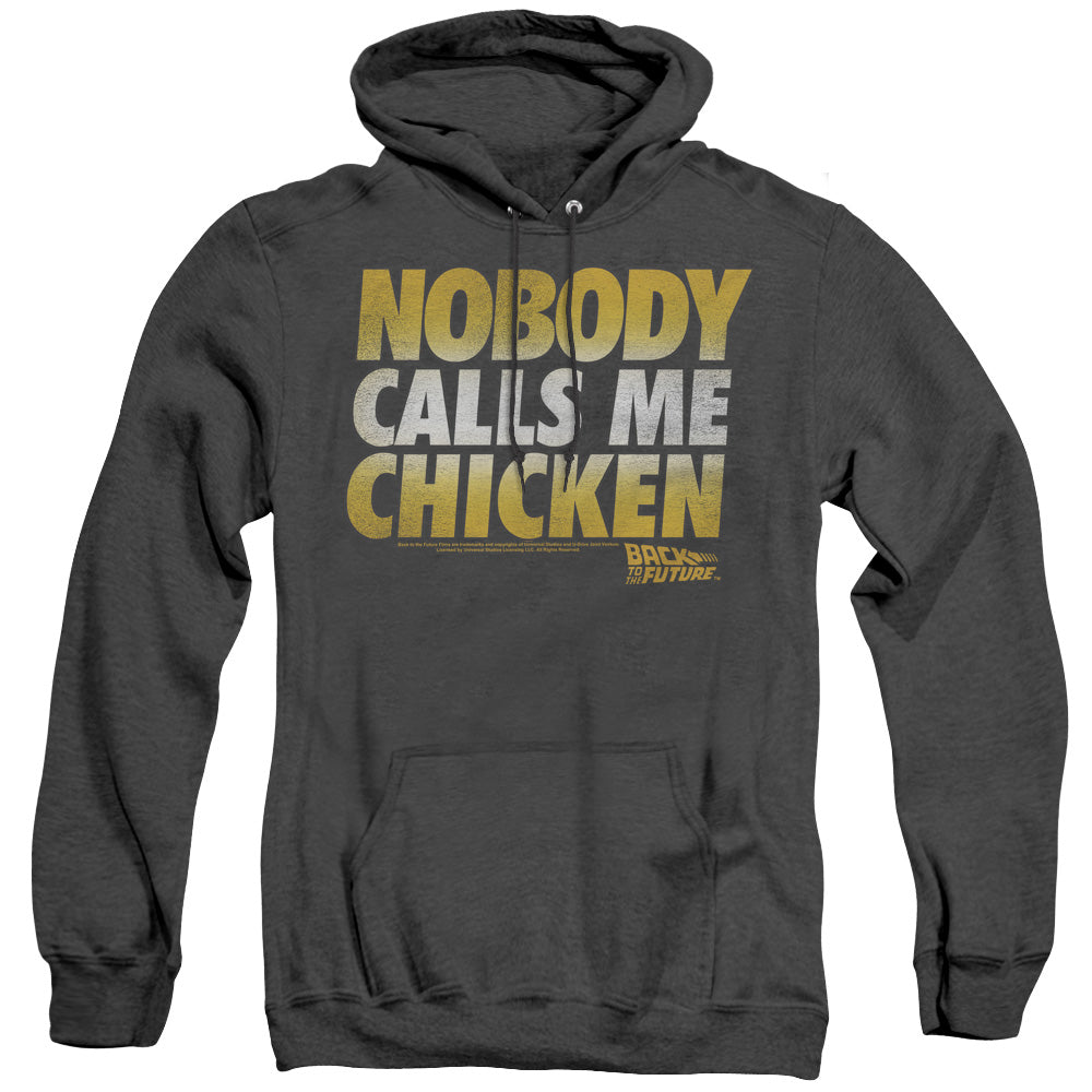 BACK TO THE FUTURE/CHICKEN - ADULT HEATHER HOODIE - BLACK