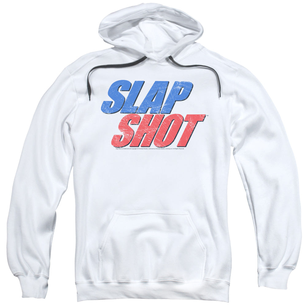 SLAP SHOT/BLUE AND RED LOGO - ADULT PULLOVER HOODIE - WHITE