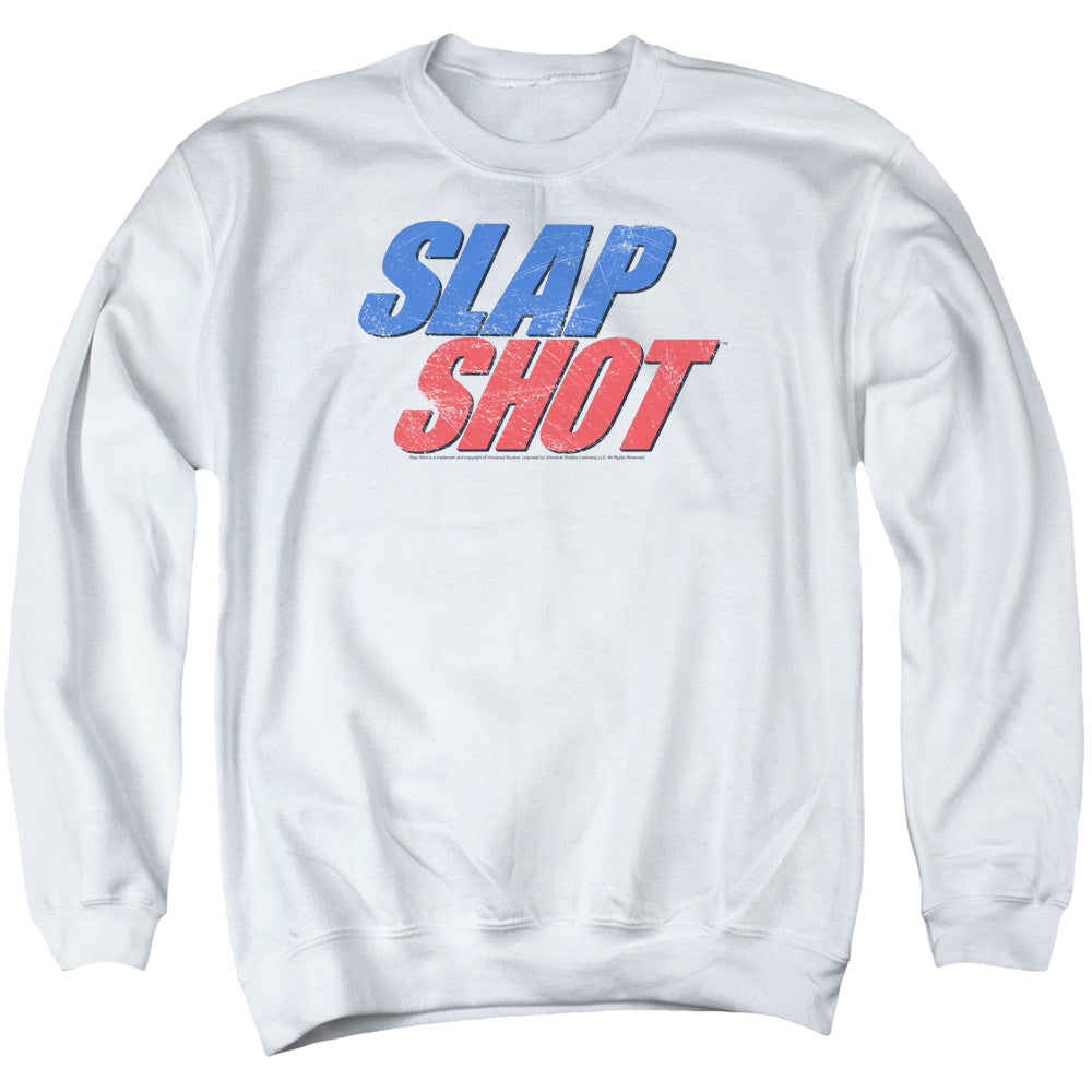 SLAP SHOT/BLUE AND RED LOGO - ADULT CREWNECK SWEATSHIRT - WHITE