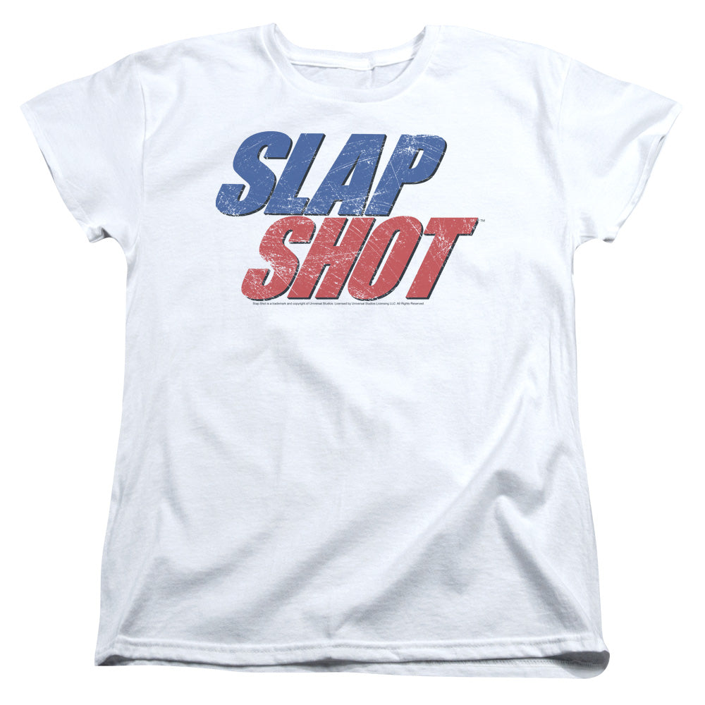 SLAP SHOT/BLUE AND RED LOGO - S/S WOMENS TEE - WHITE