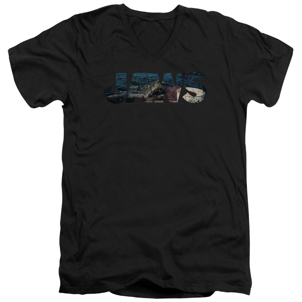 JAWS/LOGO CUTOUT - S/S ADULT V-NECK 30/1 - BLACK