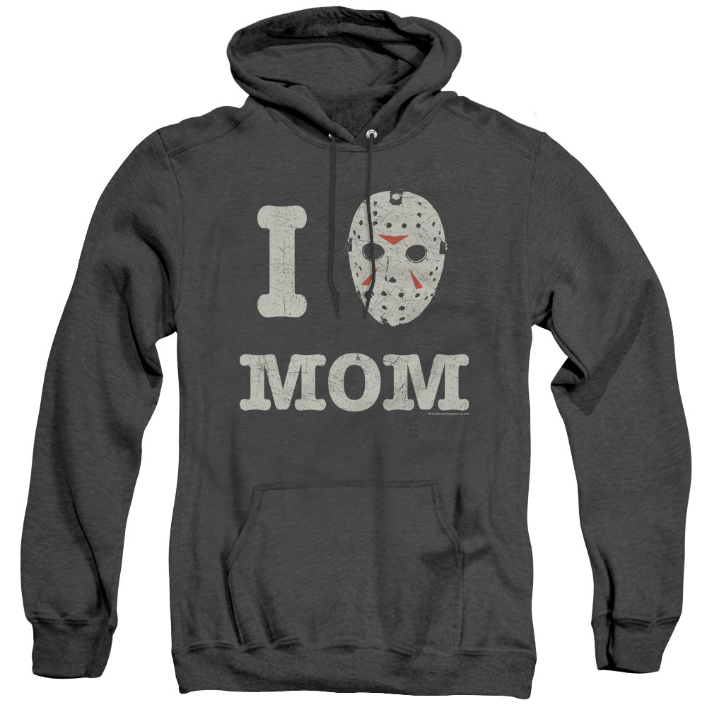 FRIDAY THE 13TH/MOMMAS BOY - ADULT HEATHER HOODIE - BLACK