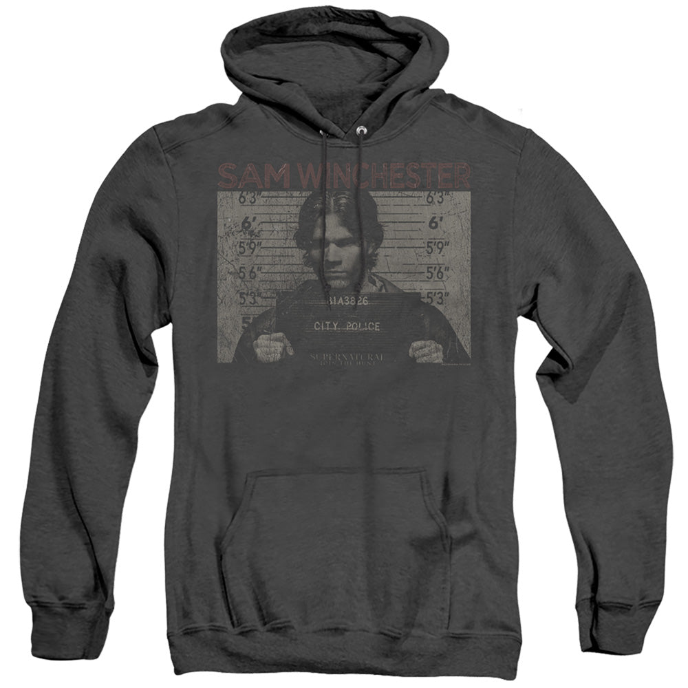 SUPERNATURAL/SAM MUG SHOT - ADULT HEATHER HOODIE - BLACK