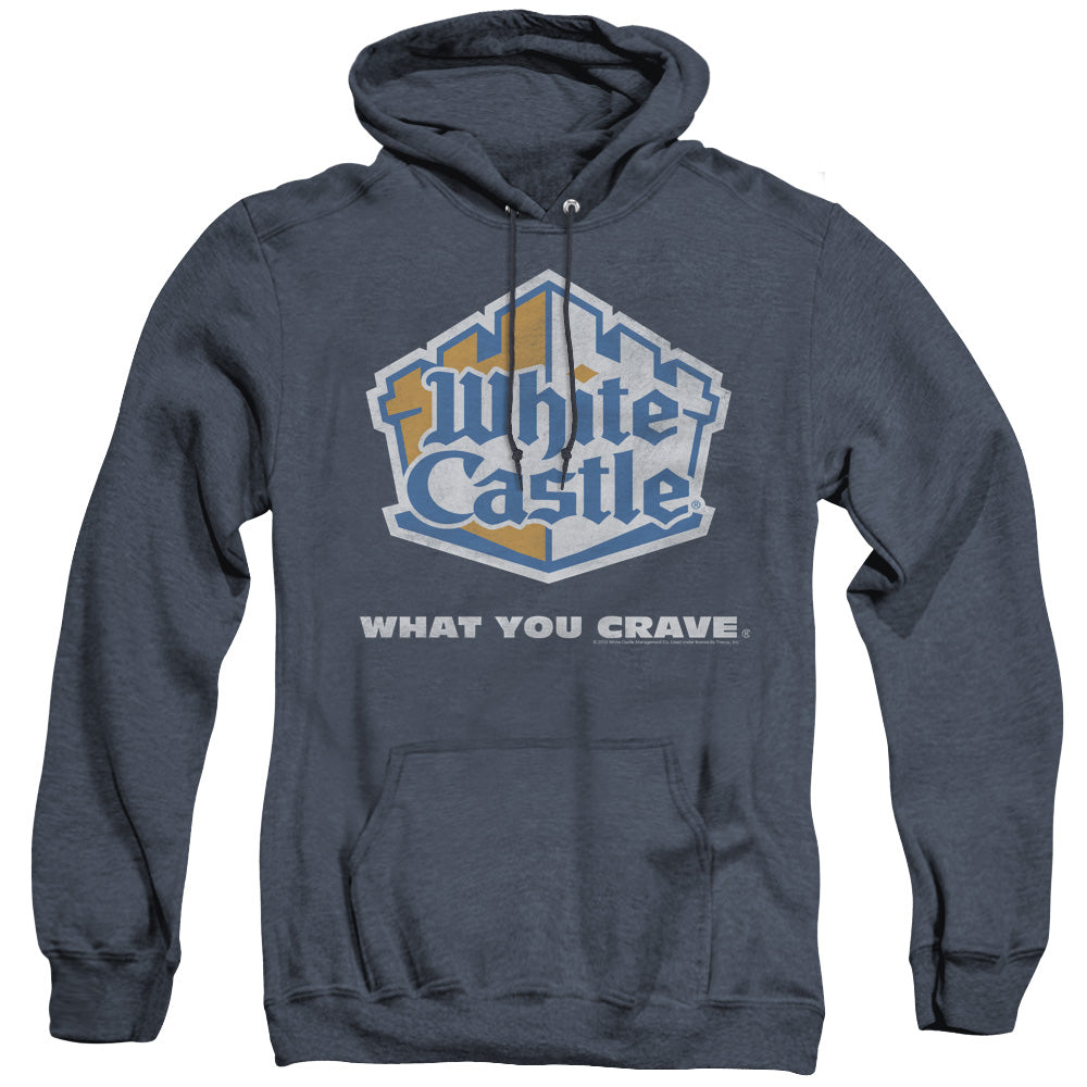 WHITE CASTLE/DISTRESSED LOGO - ADULT HEATHER HOODIE - NAVY