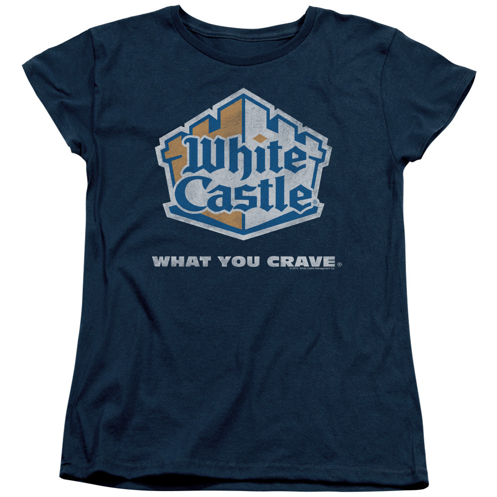 WHITE CASTLE/DISTRESSED LOGO - S/S WOMENS TEE - NAVY