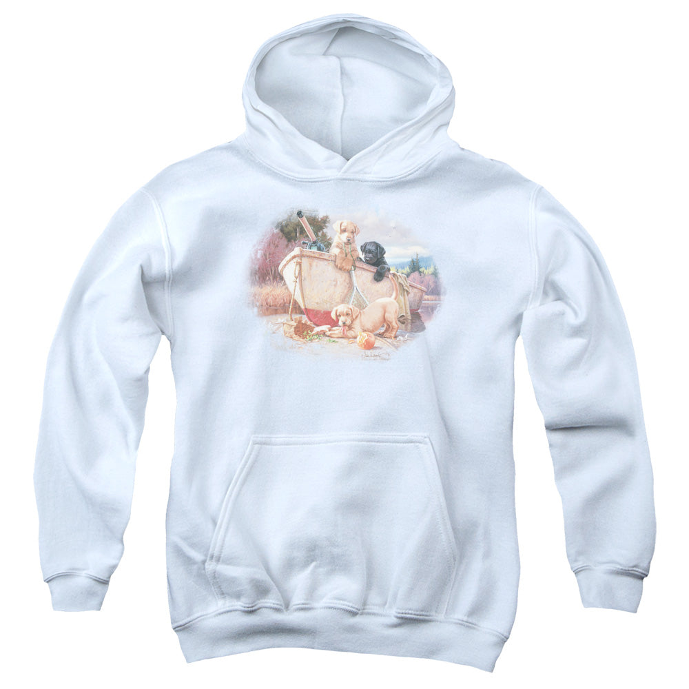 WILDLIFE/LUNCH BREAK LAB PUPS - YOUTH PULLOVER HOODIE - WHITE