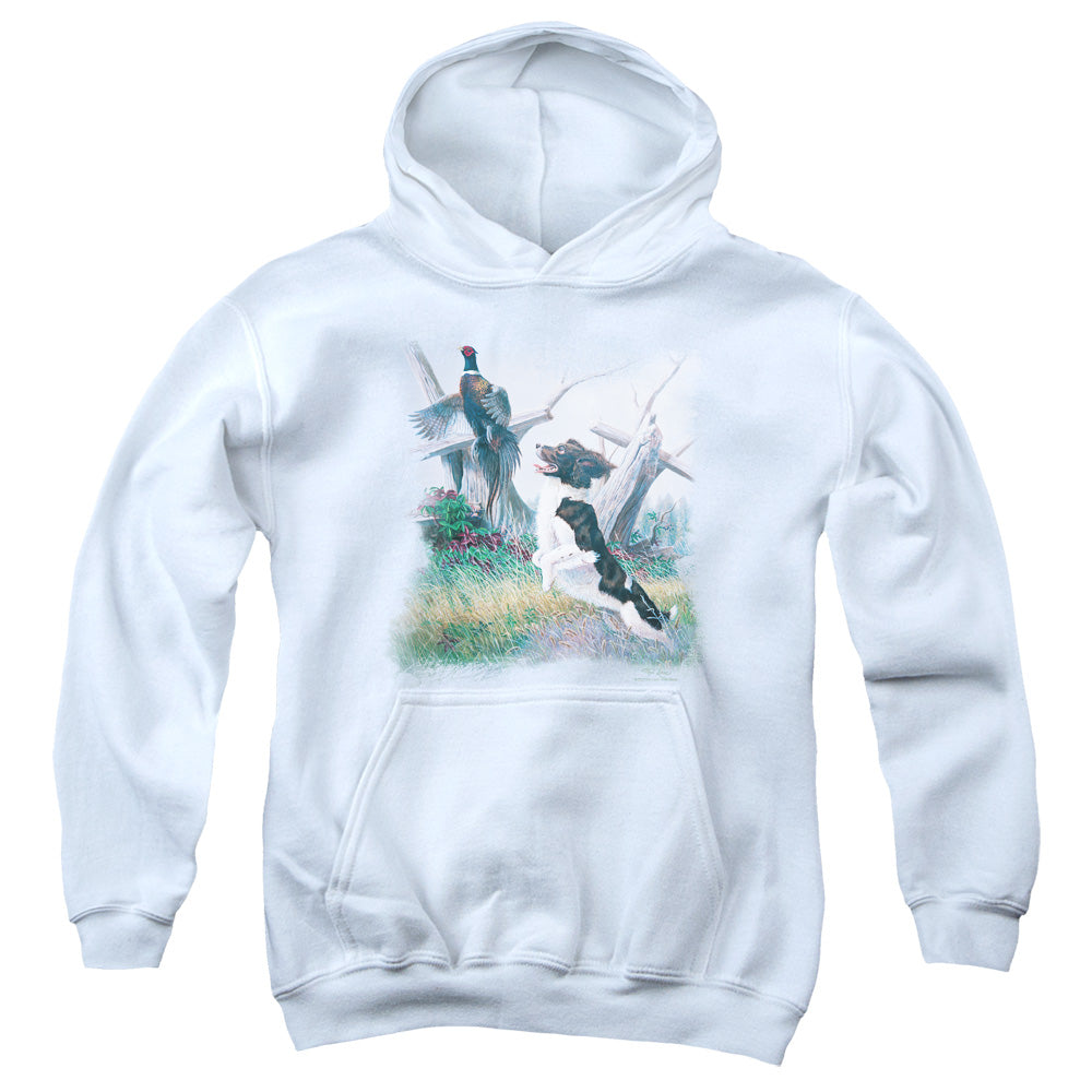 WILDLIFE/SPRINGER WITH PHEASANT - YOUTH PULLOVER HOODIE - WHITE