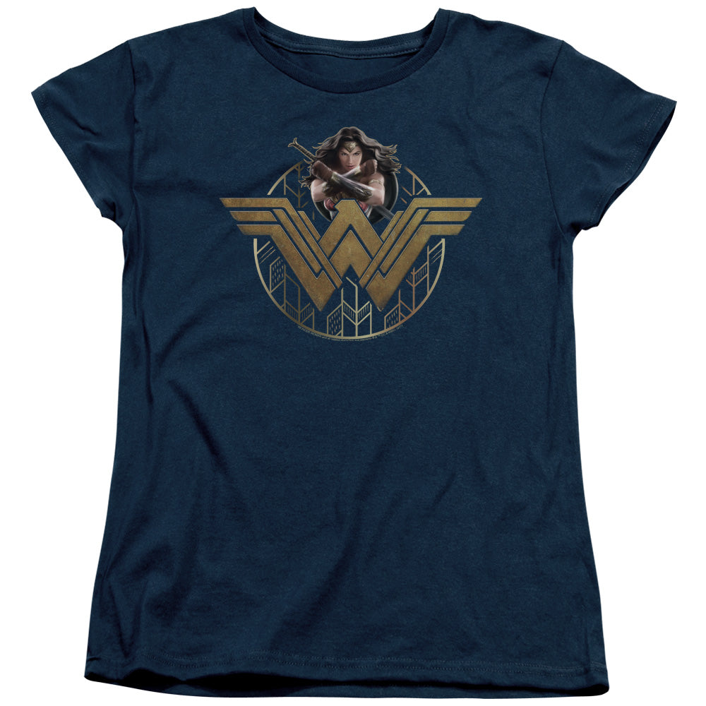 WONDER WOMAN MOVIE/POWER STANCE AND EMBLEM - S/S WOMENS TEE - NAVY