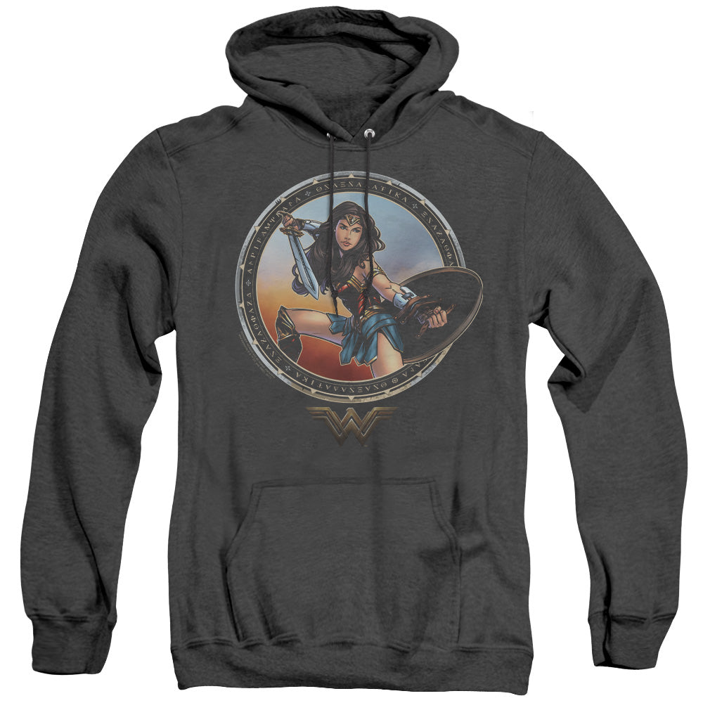 WONDER WOMAN MOVIE/BATTLE POSE - ADULT HEATHER HOODIE - BLACK
